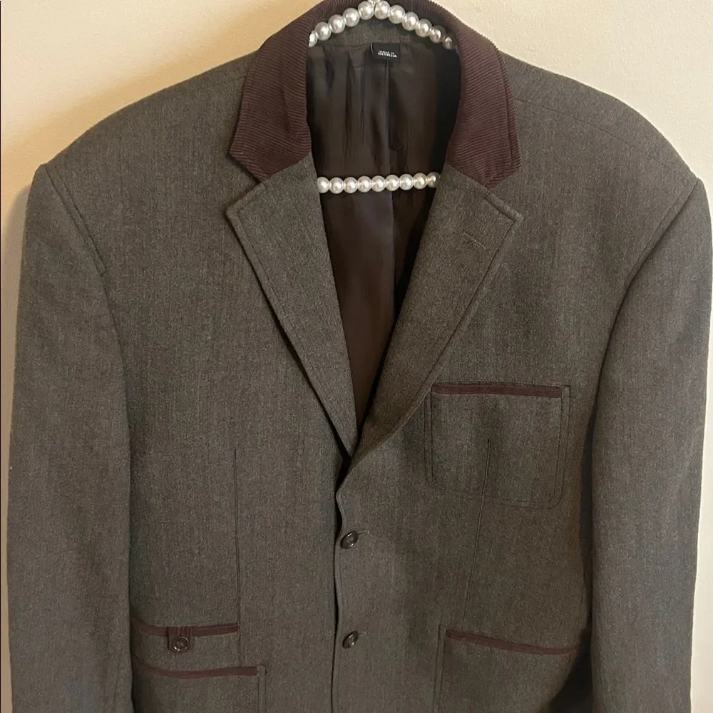 Paul Fredrick Grey Green Wool Sport Coat Brown Corduroy Trim 42R